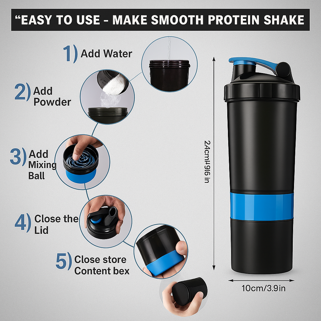 Shake360™ – 3-Compartment Protein Shaker – Nutrition & Sports Performance
